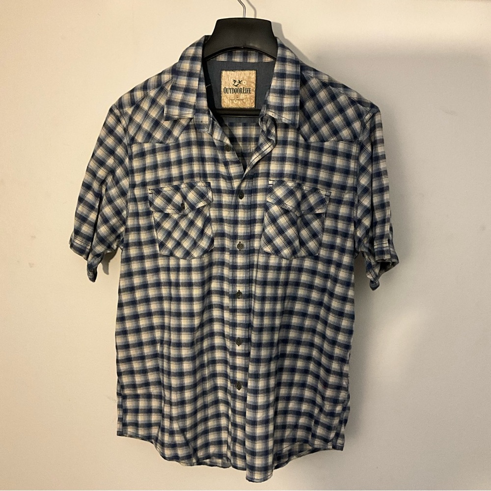 Outdoor Life, Large plaid button up shirt, blue and gray